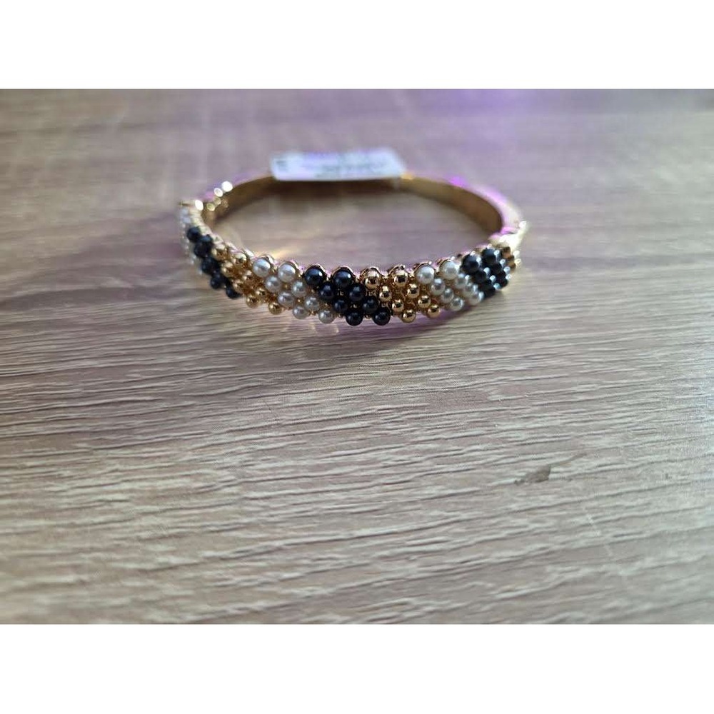 Charter Club Gold Tone Navy White Beaded Hinge Bangle Bracelet 100150132BX